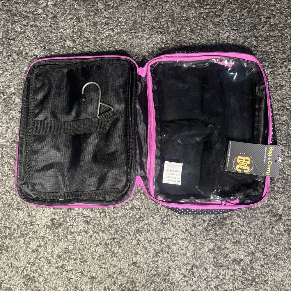 Bag And Carry Hanging‎ Travel Cosmetic Bag Black  White Polls Dots Pink Zipper
